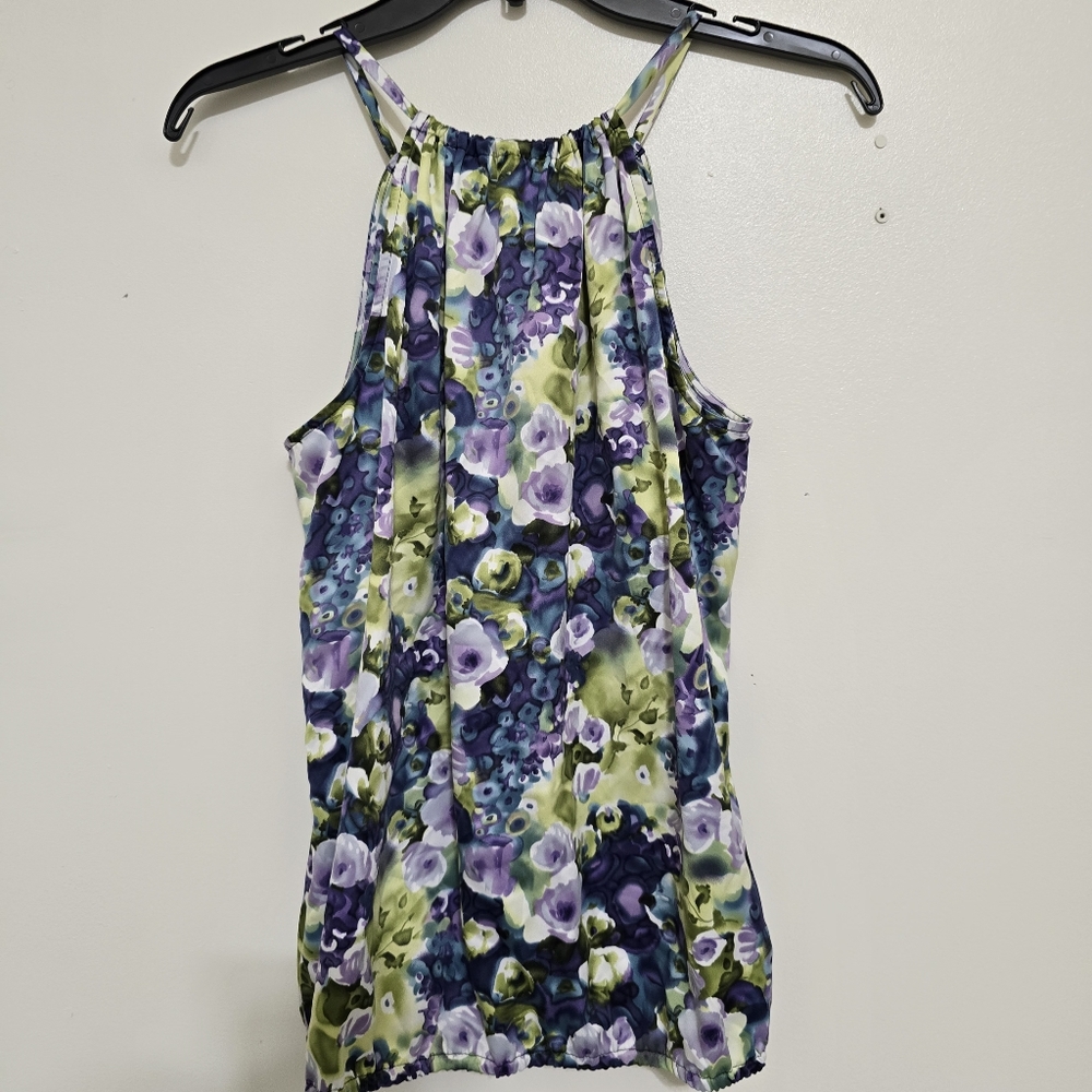 SUNNY LEIGH size Small Floral Satin Tank 3D‎ Neckline Purple Green Cottagecore - Picture 10 of 12